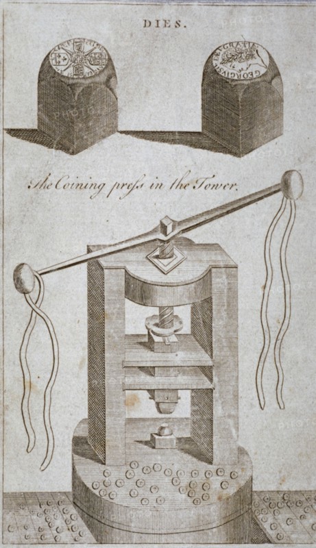 Coining press and dies from the Tower of London, 1800. Artist: Anon