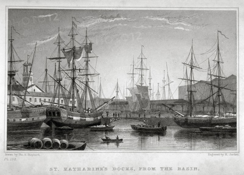 View of St Katharine's Dock from the basin, London, c1830. Artist: Henry Jorden