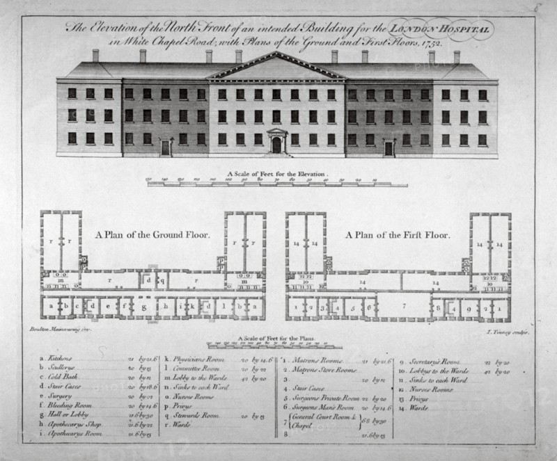 Elevation of the north front and plans of London Hospital, Whitechapel, London, 1752. Artist: John Tinney
