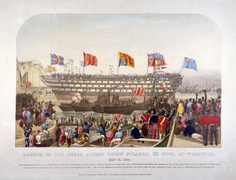 Launch of HMS 'Royal Albert', Woolwich Royal Dockyard, Kent, 1854. Artist: Anon