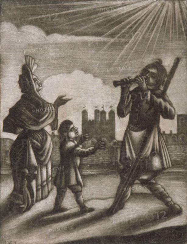 Man piping and a woman and child dancing near the walls of the Tower of London, c1770. Artist: Anon