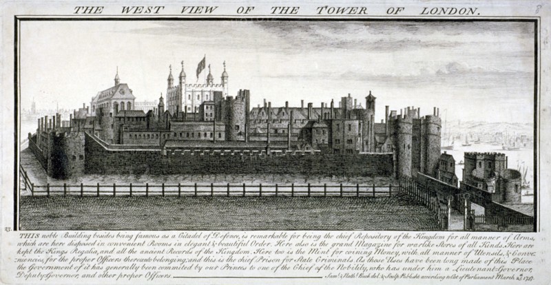 West view of the Tower of London, with a description, 1737. Artist: Samuel Buck