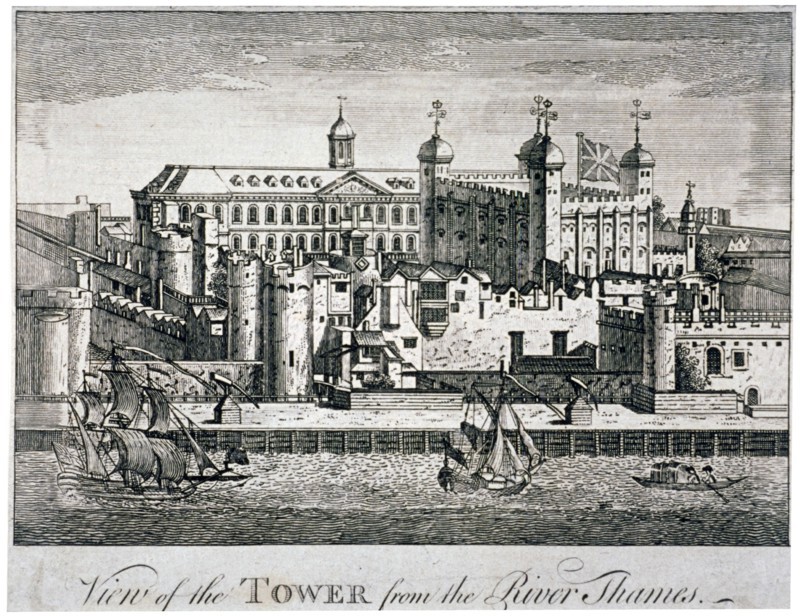 South view of the Tower of London with boats on the River Thames, 1776. Artist: Anon