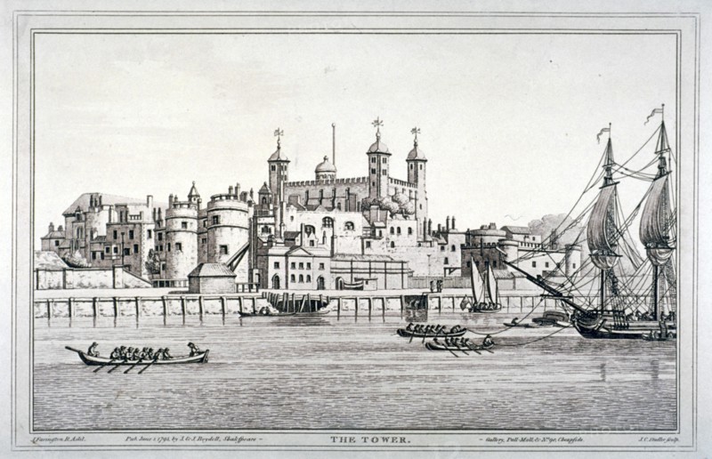 South view of the Tower of London with boats on the River Thames, 1795. Artist: Joseph Constantine Stadler