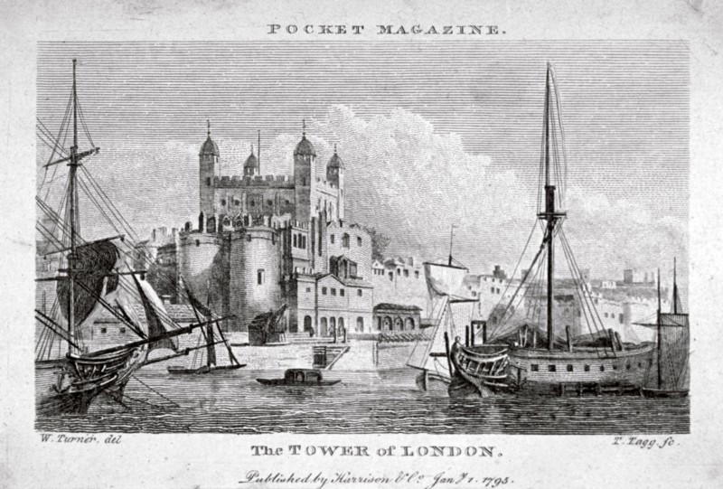 View of the Tower of London with boats on the River Thames, 1795. Artist: Thomas Tagg