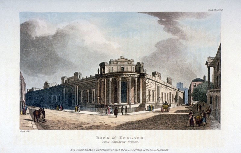 The Bank of England, from Cateaton Street, City of London, 1809. Artist: Augustus Charles Pugin