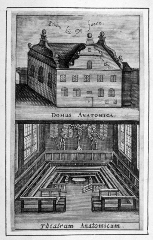 View of exterior of building and anatomical theatre inside, c1662. Artist: Anon