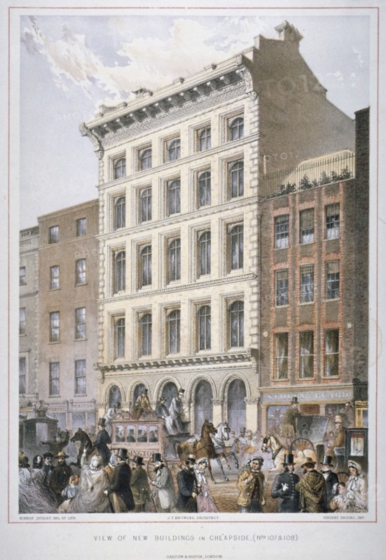 New buildings in Cheapside (nos 107 and 108), City of London, 1860. Artist: Robert Dudley