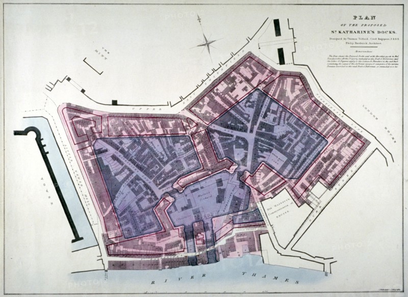 Plan of a proposal to construct a dock on the site of St Katharine's Hospital, London, c1825. Artist: Charles Joseph Hullmandel