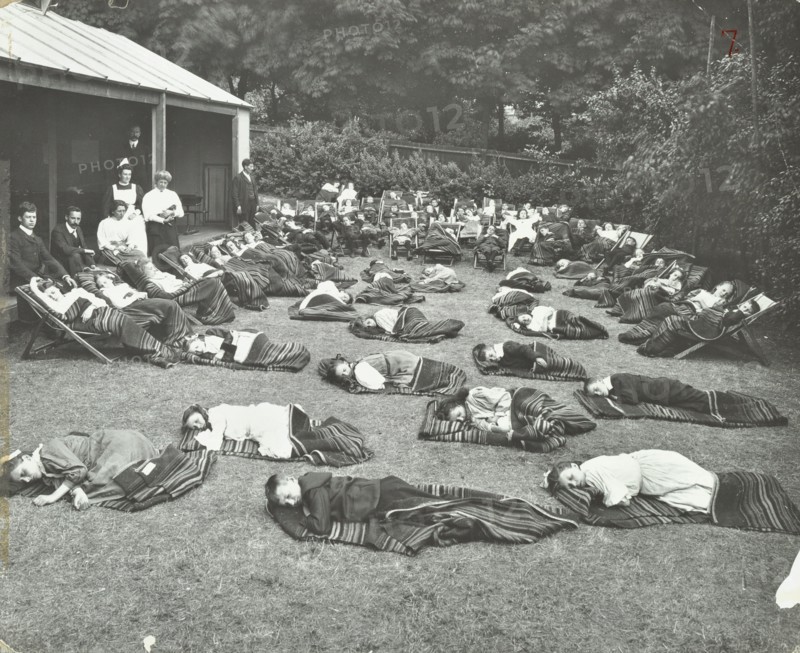 Children resting in the garden, Birley House Open Air School, Forest Hill, London, 1908. Artist: Unknown.