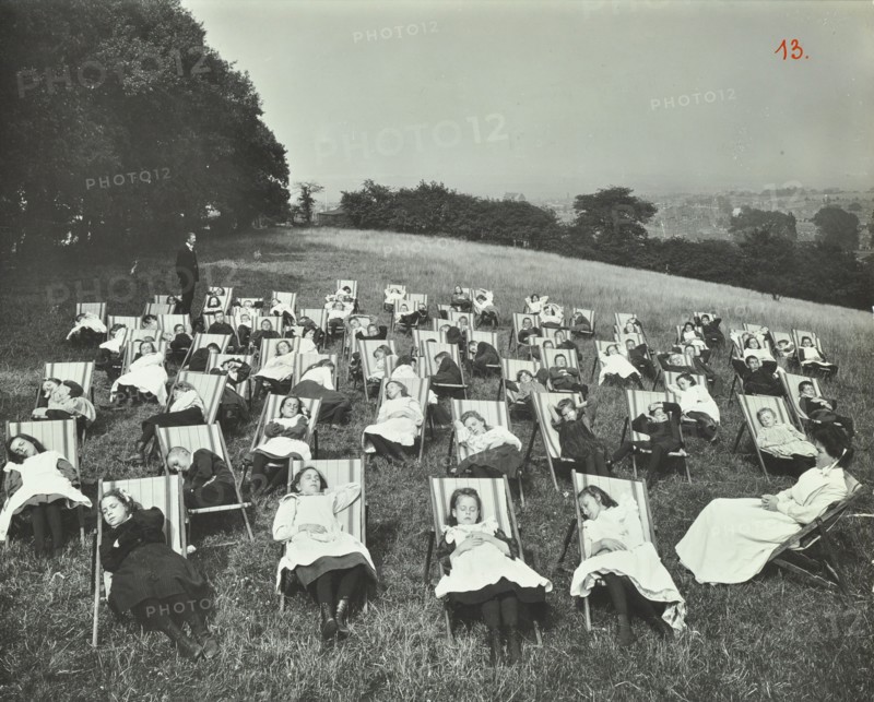 Children resting in deck chairs, Shrewsbury House Open Air School, London, 1908. Artist: Unknown.