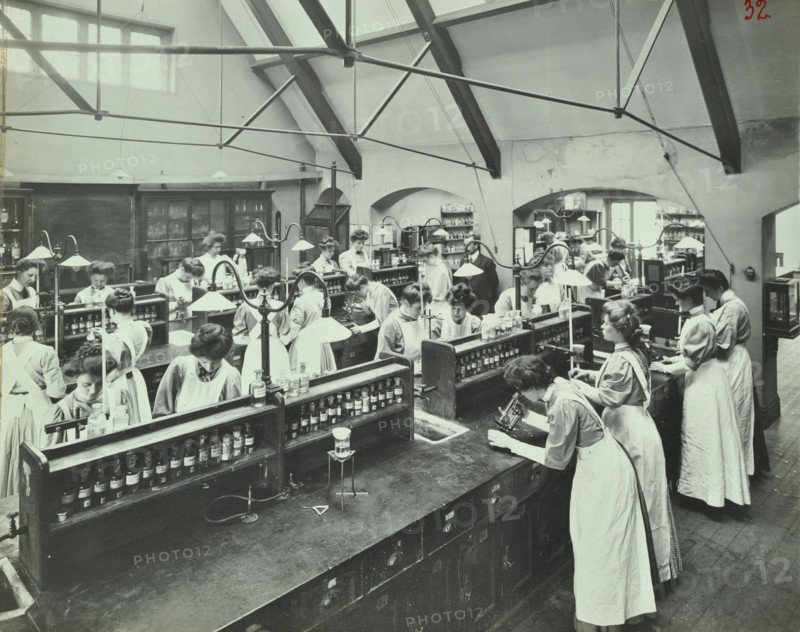 Domestic chemistry class, Battersea Polytechnic, London, 1907. Artist: Unknown.