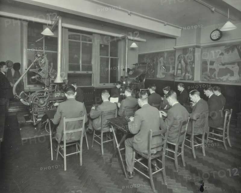 Linotype students at work, Camberwell School of Arts and Crafts, London, 1930. Artist: Unknown.