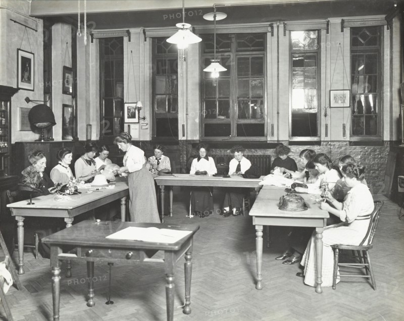 Millinery class, Ackmar Road Evening Institute for Women, London, 1914. Artist: Unknown.
