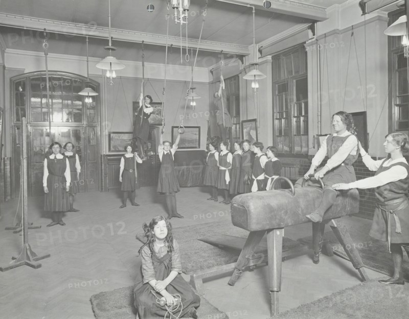 Gymnastics lesson, Laxon Street Evening Institute for Women, London, 1914. Artist: Unknown.