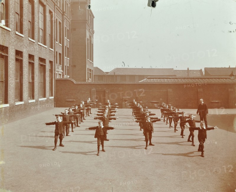 Drill in playground, Alma Boys School, Bermondsey, London, 1908. Artist: Unknown.