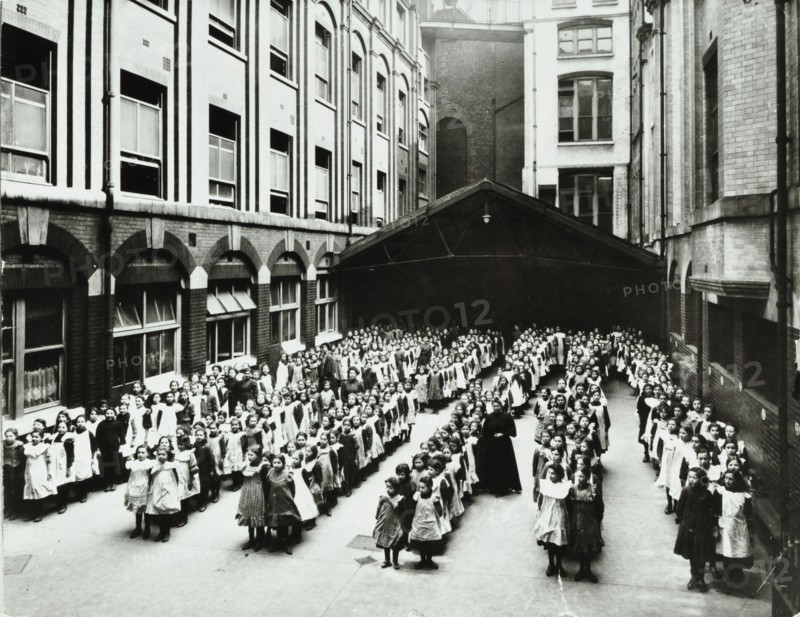 Assembly in the playground, Jews' Free School, Stepney, London, 1908. Artist: Unknown.
