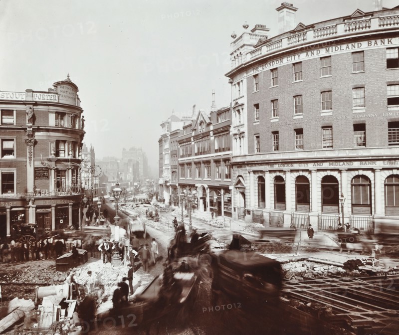 Tramway electrification at the junction of Goswell Road and Old Street, London, 1906. Artist: Unknown.