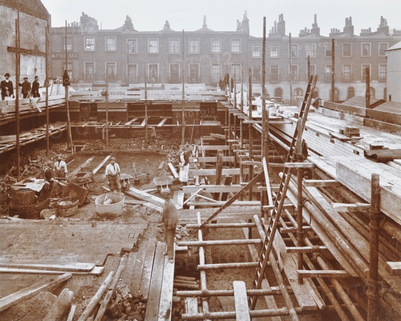 Men building the Camden Town Sub-Station, London, 1908. Artist: Unknown.