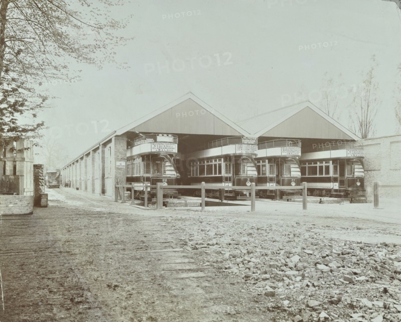 Trams in Balham Car Shed, Wandsworth, London, 1903. Artist: Unknown.