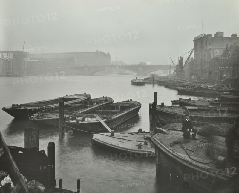 Barges moored at Bankside wharves looking downstream, London, 1913. Artist: Unknown.