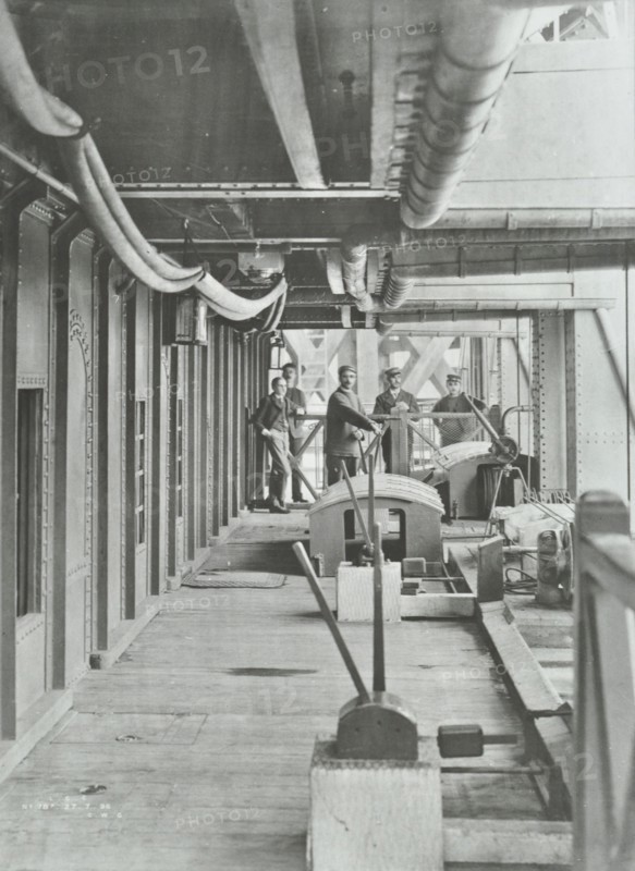 Men on the Hydraulic Lever Platform of the Woolwich Ferry, London, 1896. Artist: Unknown.