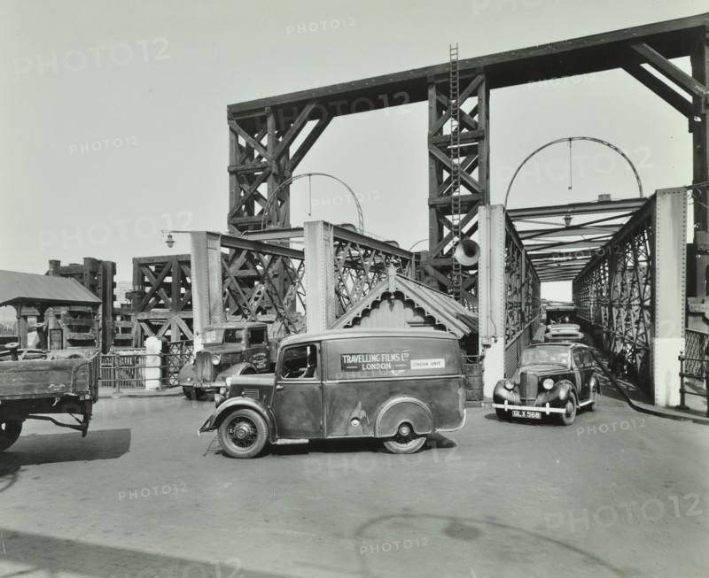 Traffic driving on to the Woolwich Ferry, London, 1945. Artist: Unknown.