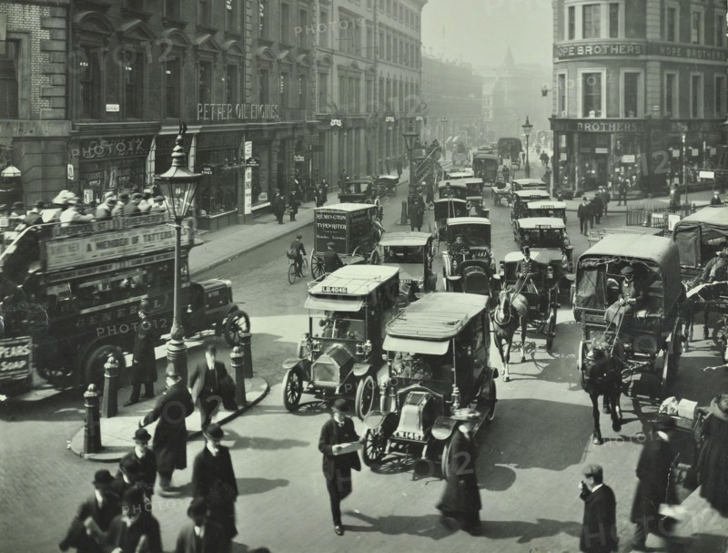 Pedestrians and traffic, Victoria Street, London, April 1912. Artist: Unknown.