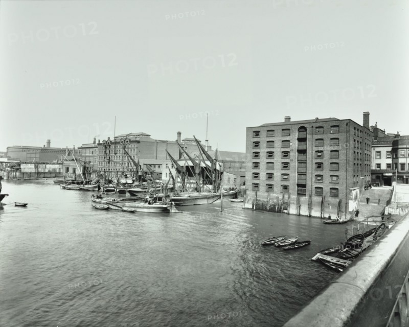 Boats and warehouses on the River Thames, Lambeth, London, 1906. Artist: Unknown.