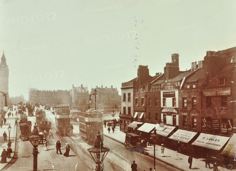 Double-decker electric trams on Westminster Bridge, London, 1906. Artist: Unknown.