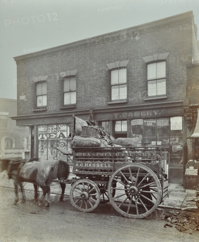 Horse and cart with sacks of vegetables, Bow, London, 1900. Artist: Unknown.
