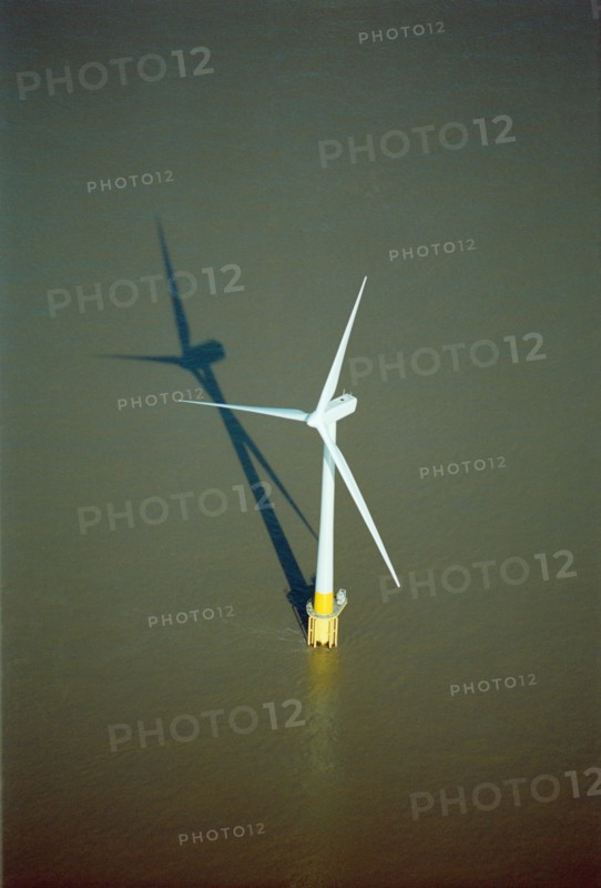 Aerial view of a wind turbine, Scroby Sands Wind Farm, near Great Yarmouth, Norfolk, c2000s