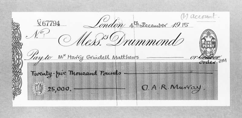 Cheque for £25,000 made payable to Mr Harry Grindell Matthews, December 1915