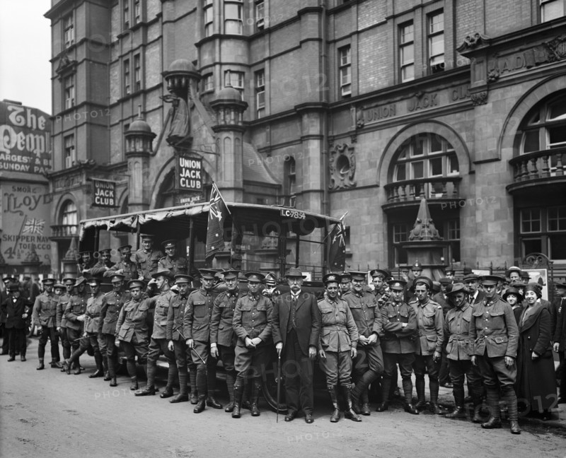 Australian soldiers outside the Union Jack Club, 91A Waterloo Road, Lambeth, London, June 1915