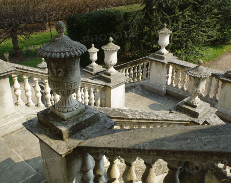 View looking down the entrance steps from the portico of Chiswick House, London