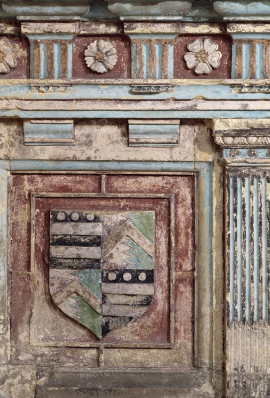 Detail of a coat of arms on a tomb in the chapel of Farleigh Hungerford Castle, Somerset