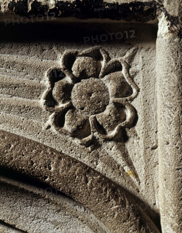 Tudor rose carved into the fireplace in the lower hall of the keep, Dover Castle, Kent, 2005