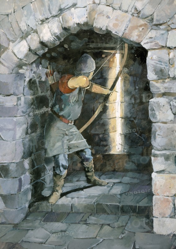 Medieval archer firing through an arrow slit at Beeston Castle, Cheshire