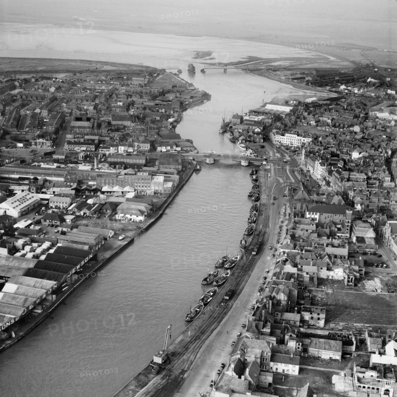 River Yare at Haven Bridge and the Breydon Viaduct, Great Yarmouth, Norfolk, 1953