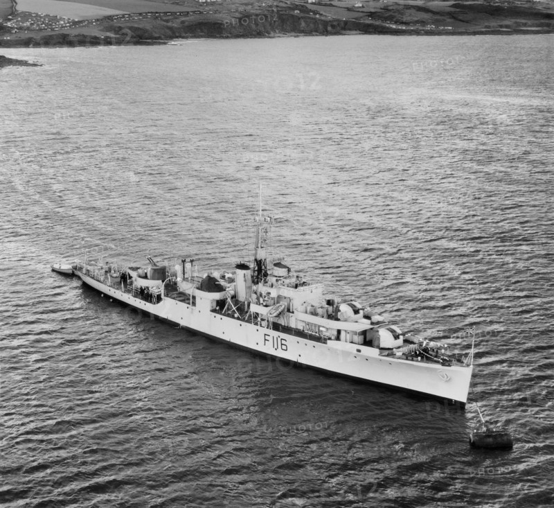 HMS 'Amethyst' (F116) moored off the Plymouth Breakwater, Plymouth, Devon, 1950