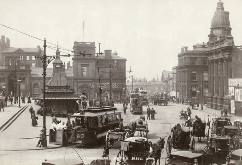 Horse-drawn taxis and electric trams on Fitzalan Square, Sheffield, Yorkshire, c1900 Creator: GW Wilson and Company.