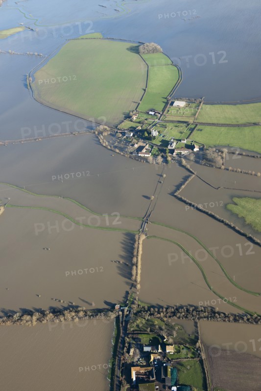 Aerial view of flooding around Muchelney Abbey, Somerset Levels, January, 2014