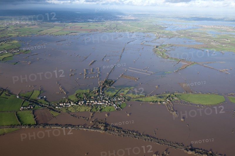 Aerial view of flooding around East Lyng, Somerset Levels, January, 2014