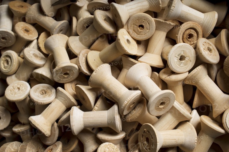 Bobbins for cotton reels awaiting waxing, Stott Park Bobbin Mill, Cumbria, c2014