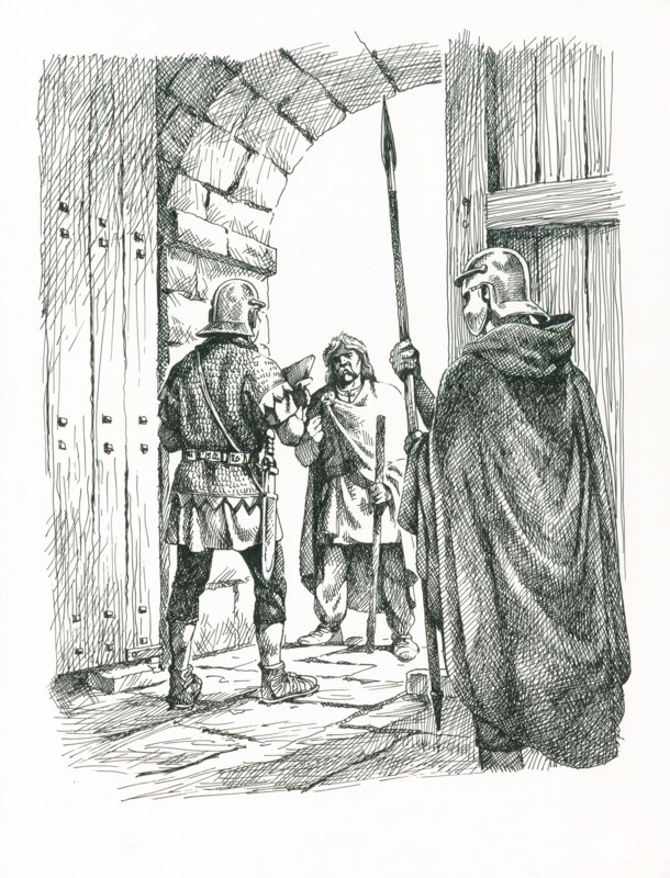 Soldiers negotiating with a man at a gateway on Hadrian's Wall, c1985-c2000