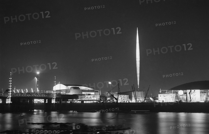 Festival of Britain site at night, South Bank, Lambeth, London, 1951