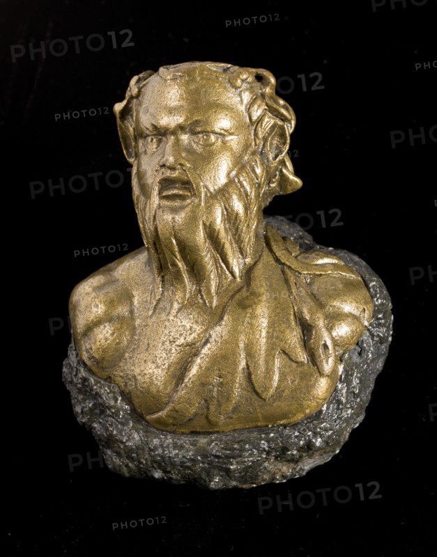 Roman steelyard weight in the form of a bearded satyr, found at Richborough Castle, Kent, 2012