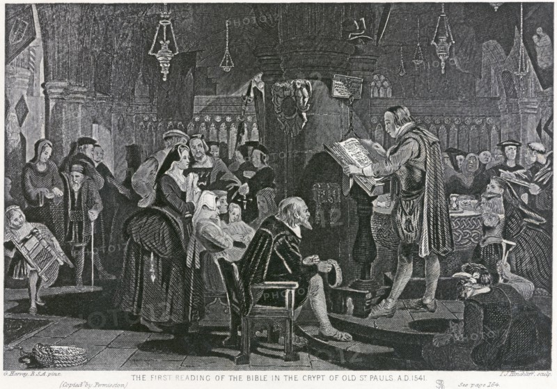 First bible reading in the crypt of old St Paul's Cathedral, London, 1541 (19th century)