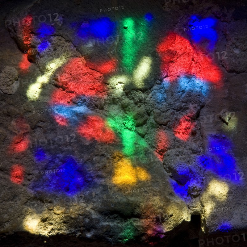 Patterns of colour and light from a stained glass window, Dover Castle, Kent, c2009