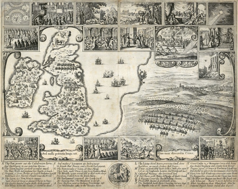 Map of the British Isles and illustrations of 17th century historical events, c1659